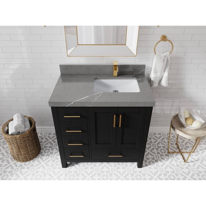 Willow Collections 36 in. W x 22 in. D Malibu Right Offset Sink Bathroom Vanity with Countertop - 2" Piatra Gray - Black