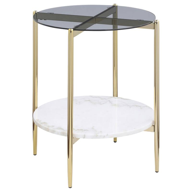Jonelle Round Glass Top End Table White Marble Shelf Gold - Smoke