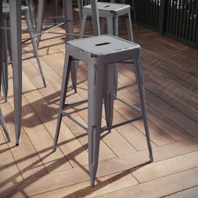 30" High Backless Distressed Metal Indoor-Outdoor Barstool - Patio Chair