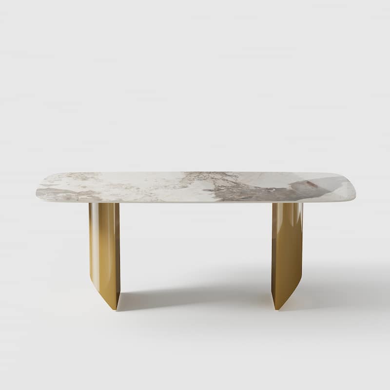 White Rectangular Sintered Stone Dining Table with Double Pedestals