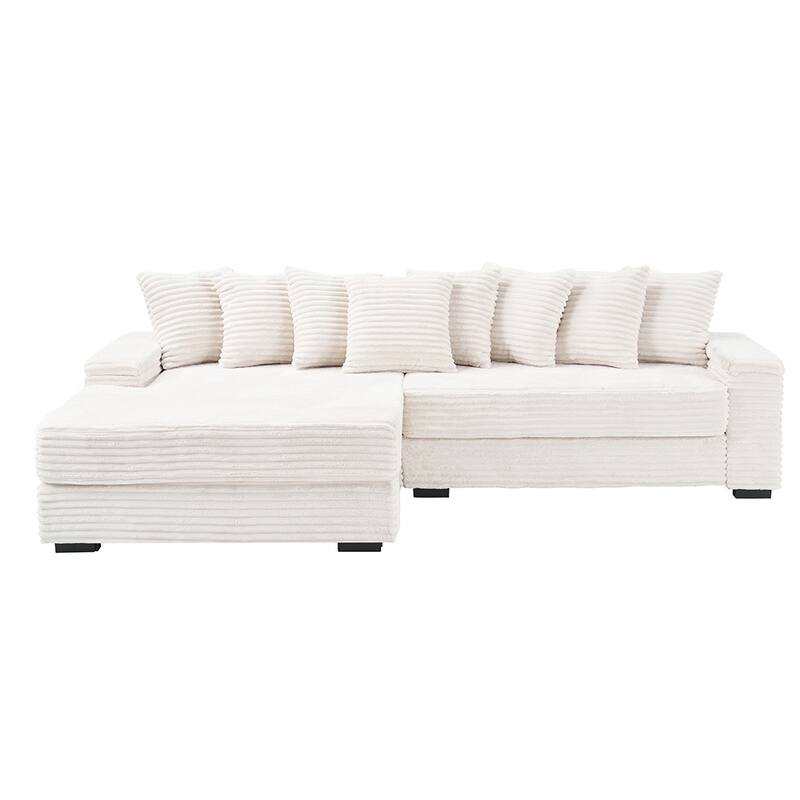 111" Beige Corduroy Sofa with 8 Throw Pillows and Matching Foot, Ideal for Living Room, Bedroom, Office