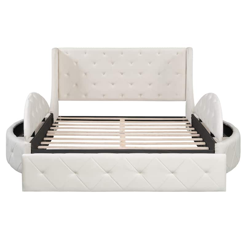Queen Size Upholstered Platform Bed with Wingback Headboard, Storage Drawer, and Side Stools