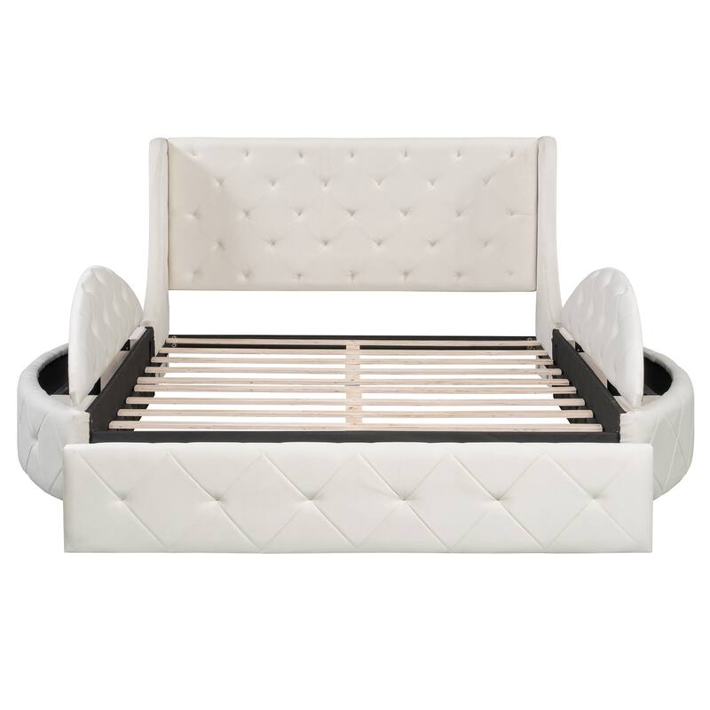 Upholstered Platform Bed Queen Size Storage Velvet Bed with Wingback Headboard and 1 Big Drawer,2 Side Storage Stool