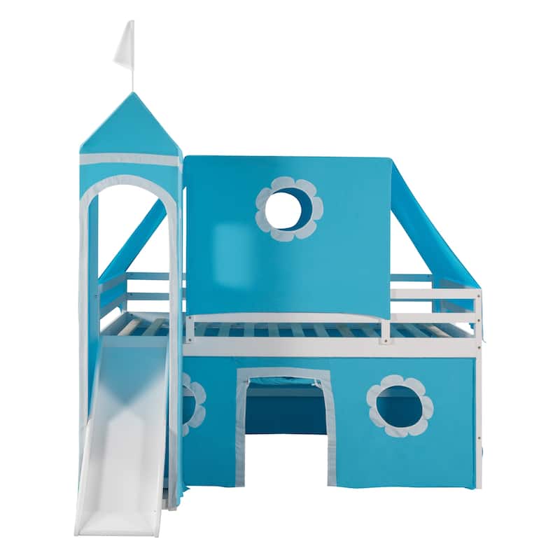 Full Size Bunk Bed with Slide Blue Tent and Tower
