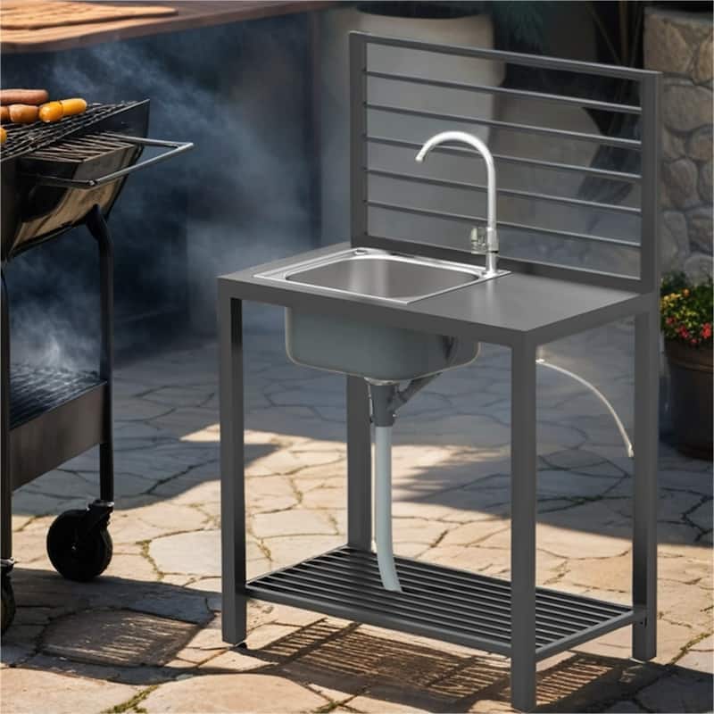 Outdoor Kitchen Island with Stainless Steel Sink and Faucet,Drainboard