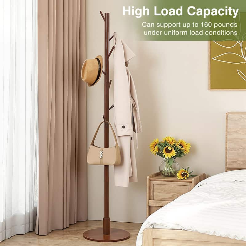 VECELO Brown Height Adjustable Bamboo Tree Coat Rack with 8 Hooks Round Base Freestanding Clothing Rack for Small Spaces