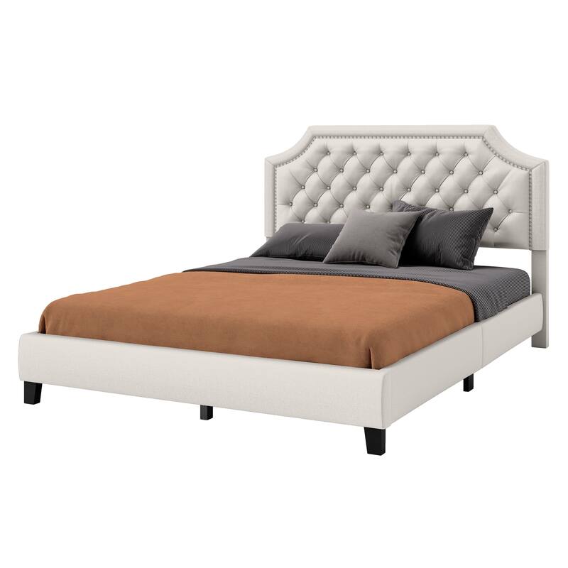 Moasis Linen Upholstered Platform Bed Velvet Bed Frame with Adjustable Headboard - Beige - Queen