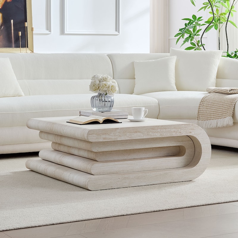33.86"Square Faux Travertine Pattern Coffee Table for Living Room,MDF Table,Modern Irregular Coffee Table with Layered Base