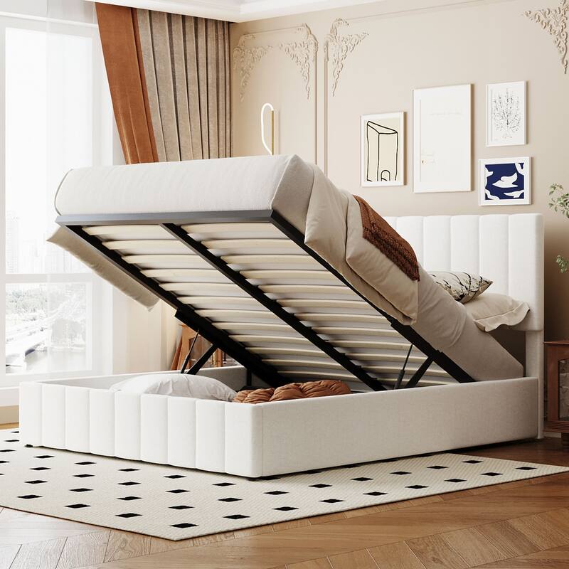 Linen Upholstered Platform Bed with a Hydraulic Storage System - White - Queen