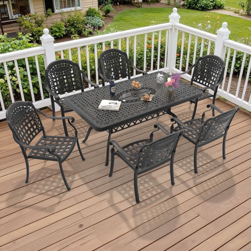 7-Piece Cast Aluminum Outdoor Dining Set with Rectangular Table and Seat Cushions