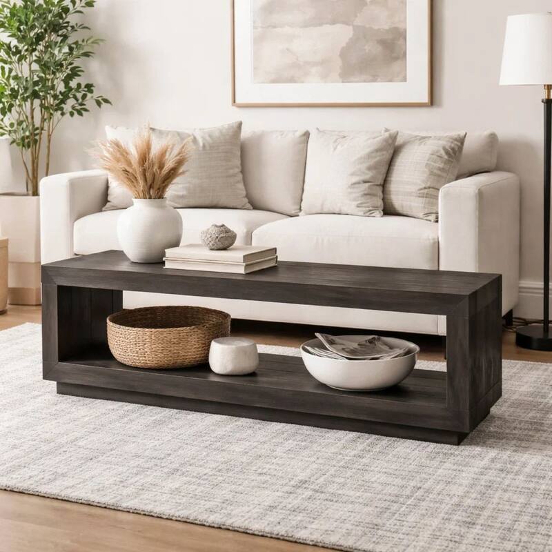 Wooden Rectangular Bench with Open Bottom Shelf, Gray