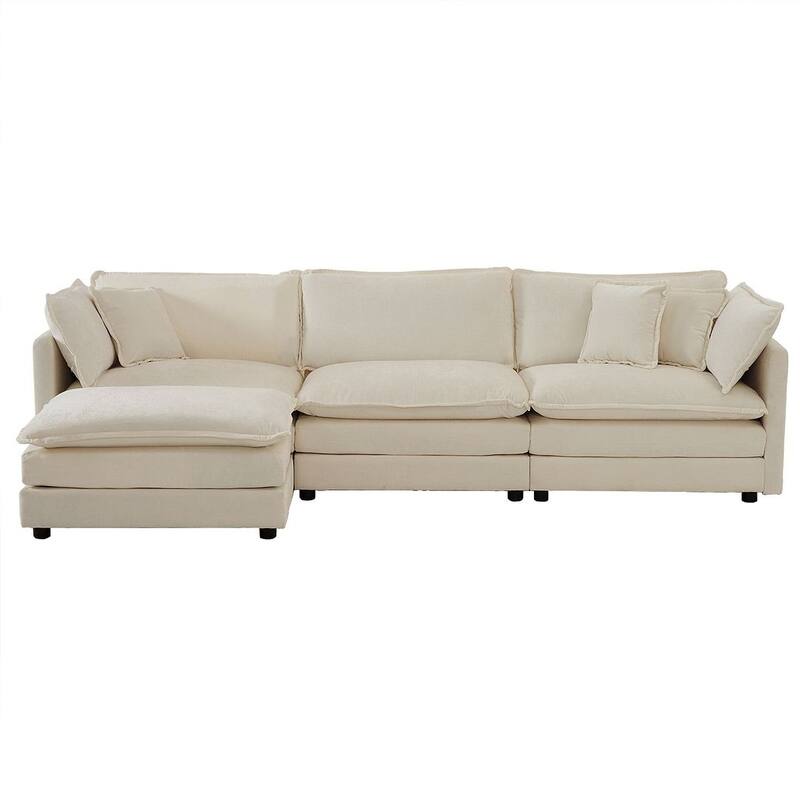 Beige Chenille Modular 3 Seat Sofa with Removable Cushions - 111"L