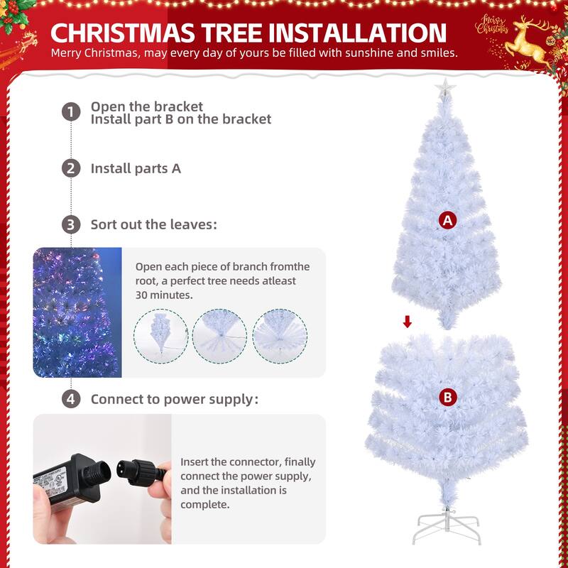 6 ft Fiber Optic Christmas Tree Pre-Lit Multi-Color Auto-Changing Lights with Star Topper and Sturdy Iron Base - 6 Ft