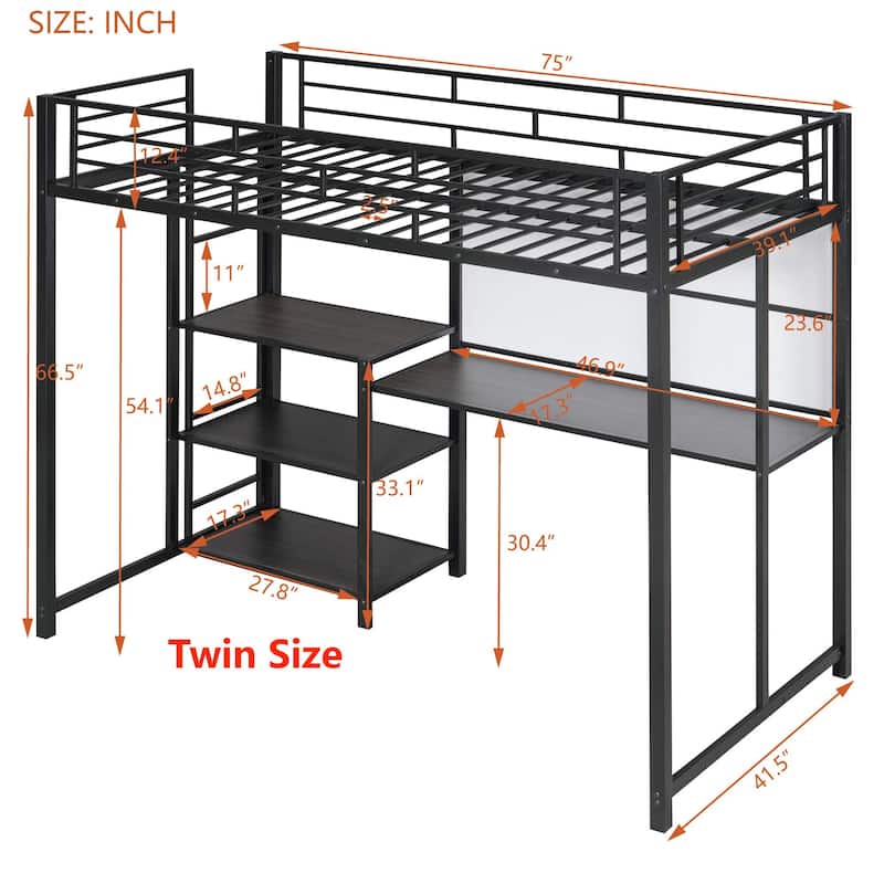 Metal Loft Bed with 3 Shelves and Ladder