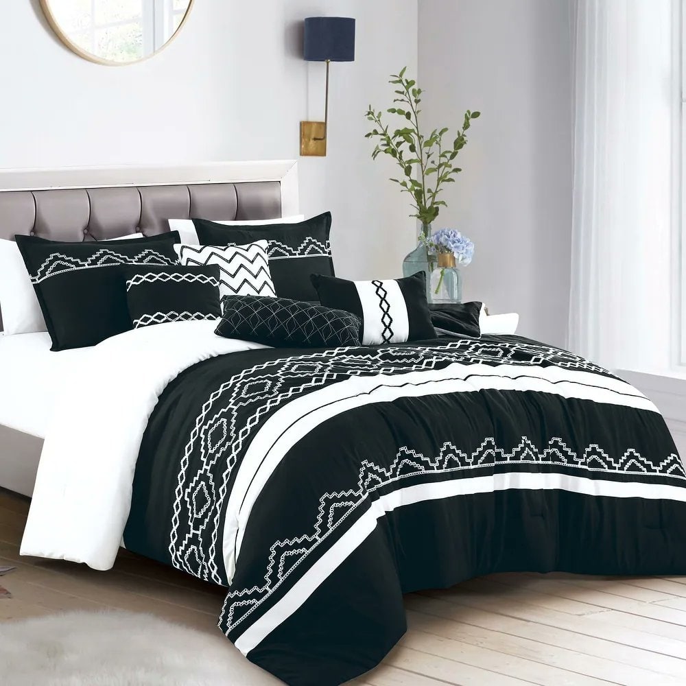 7 Piece Black White Geometric Striped Comforter Set Embroidery Soft Bedding