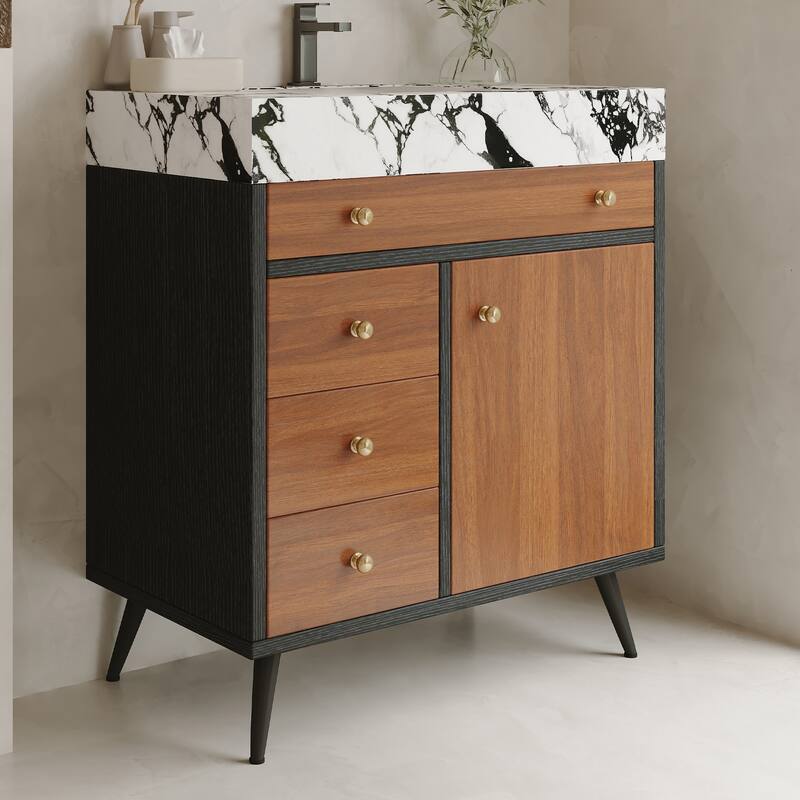 GDFStudio - Bristol Modern 29.9" Freestanding Bathroom Vanity with Sintered Stone Top, Ceramic Sink & Stainless Steel Legs