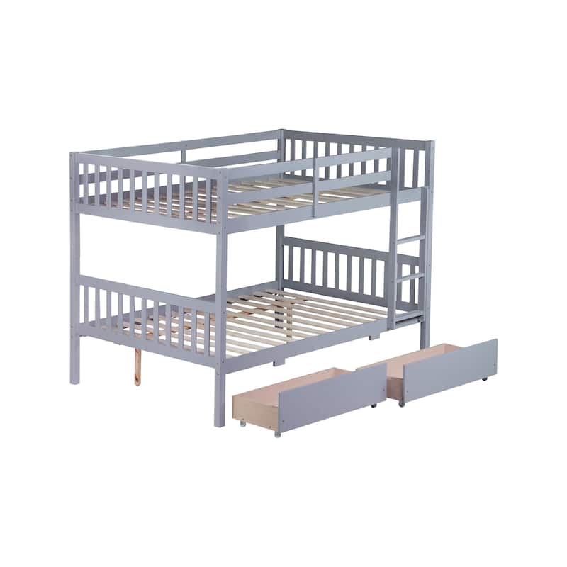 Full Over full Rubber Wood Bunk Bed with 2 Drawers, into 2 full Beds, full Size Bunk Bed with Ladder and Safety Guardrails