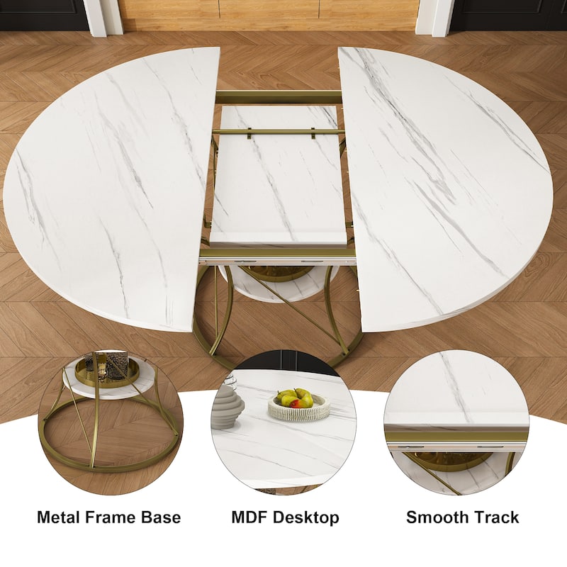 43 to 59 Inch Extendable Round Dining Table for 4-6 - Farmhouse Kitchen Table with Storage Shelf & Metal Base