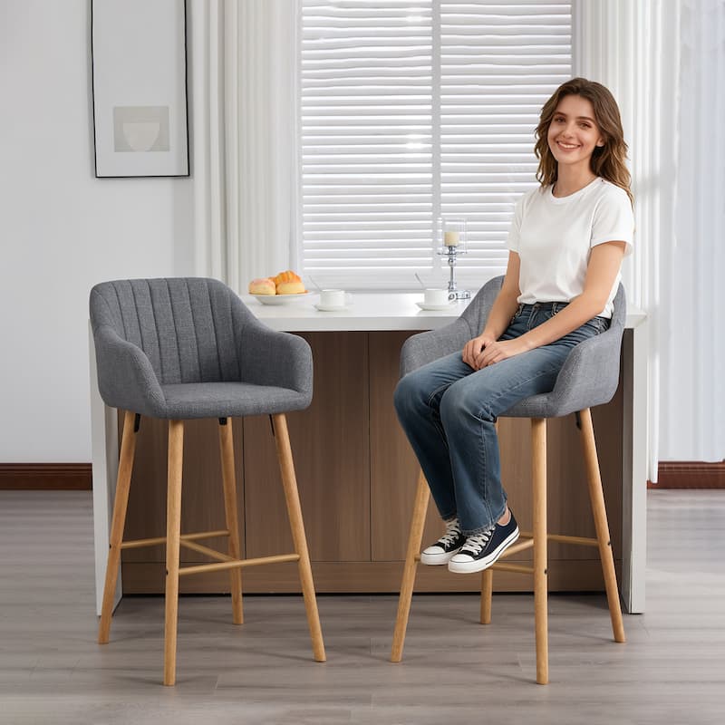 Modern Bar Stools Set of 2, Kitchen Island Tall Chairs with Back, Arm, Footrest and Solid Wood Leg, Upholstered Bar Stools