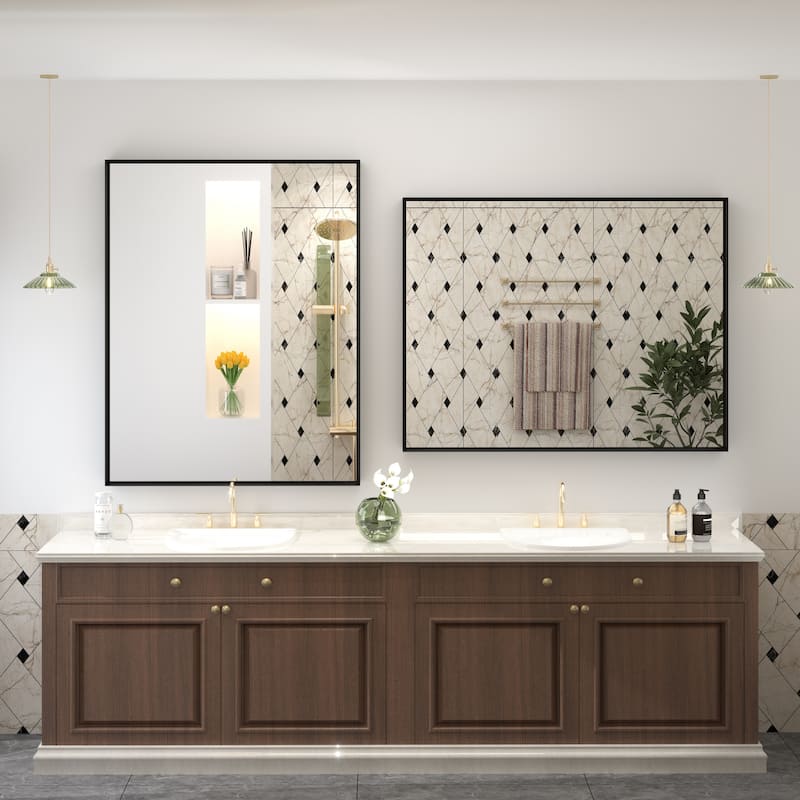 Full Size Metal Frame Wall Mirror Black Tempered Glass for Bathroom