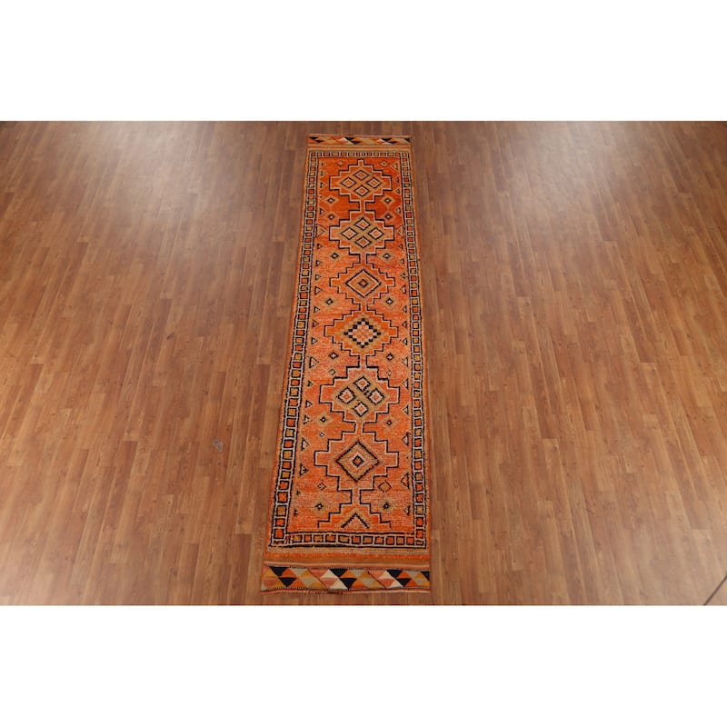 Orange / Geometric Oushak Vintage Runner Rug Handmade Wool Carpet - 2'8"x 11'4"