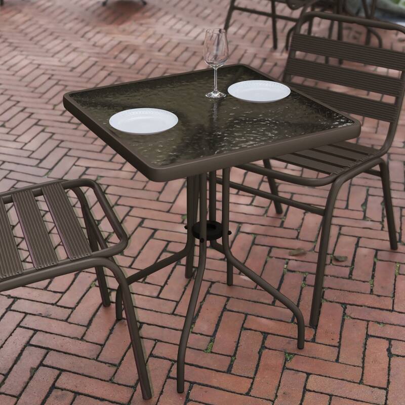 23.5" Square Tempered Glass Metal Table with Smooth Ripple Design Top