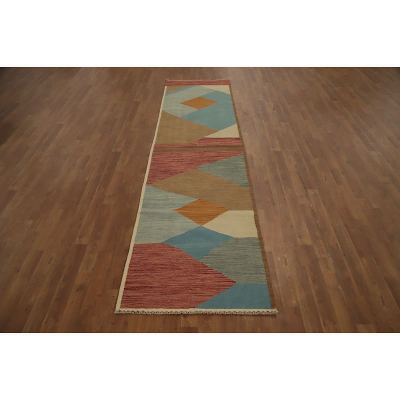 Hand Woven Oriental 100% Wool Carpet Southwestern Modern Multi-Colored Kilim Runner Rug - 9' 10'' X 2' 7''