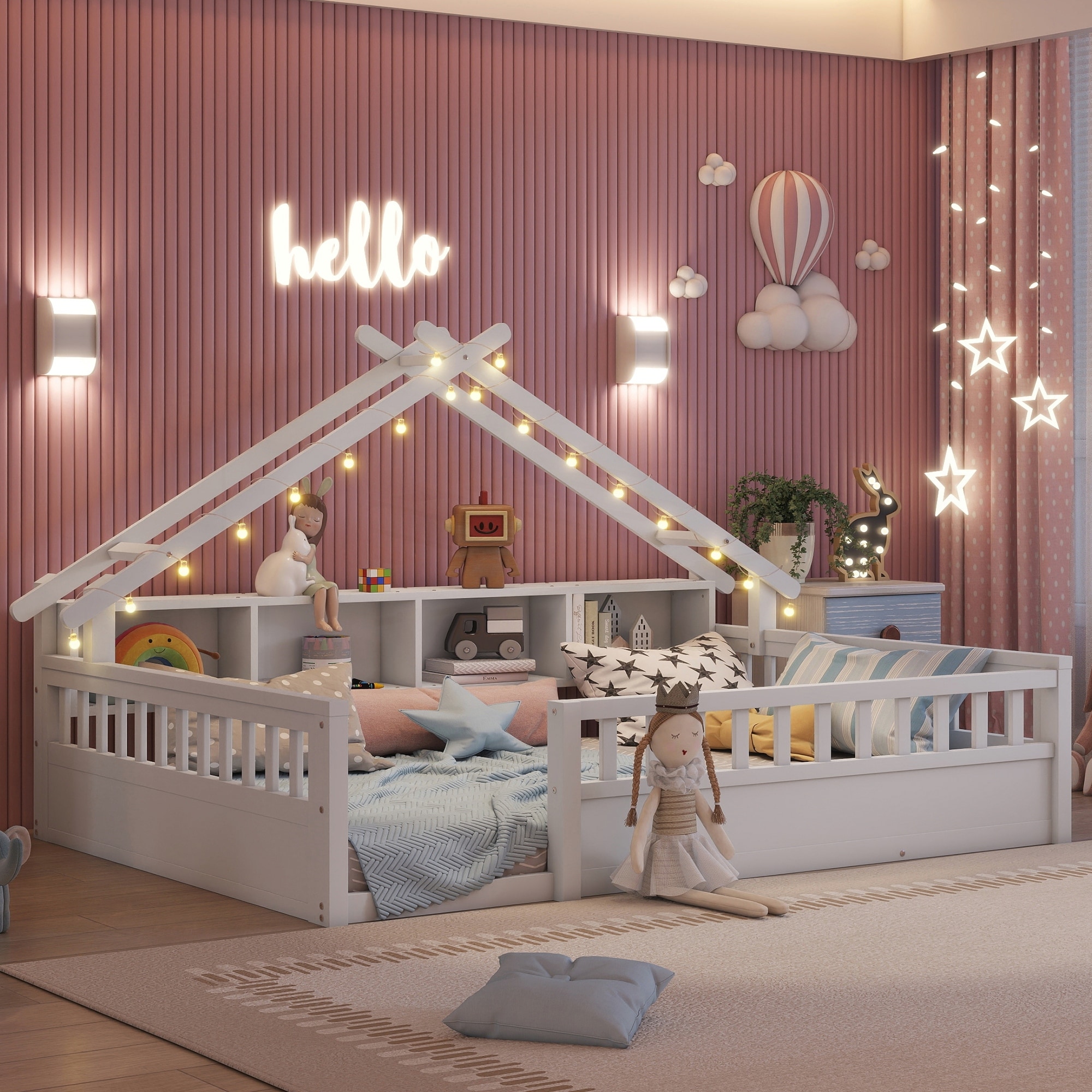 Floor Bed with Light, Wood Floor Bed with Storage Bookshelves, Floor Bed with Roof Shape for Kids