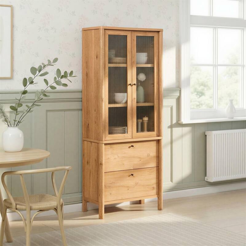 Walker Edison Modern Fluted Glass Bookshelf Cabinet with Drawers