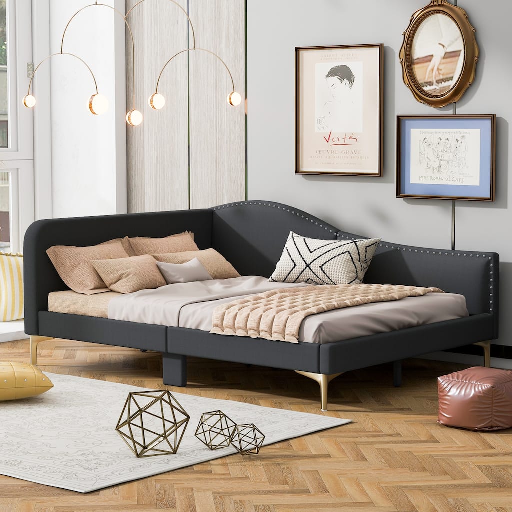 Full Size Platform Bed Frame, Upholstered Daybed with Wave-Shaped Armrest and Metal Support Legs, No Box Spring Required
