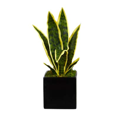 16" Sansevieria Artificial Plant in Black Planter - 5"