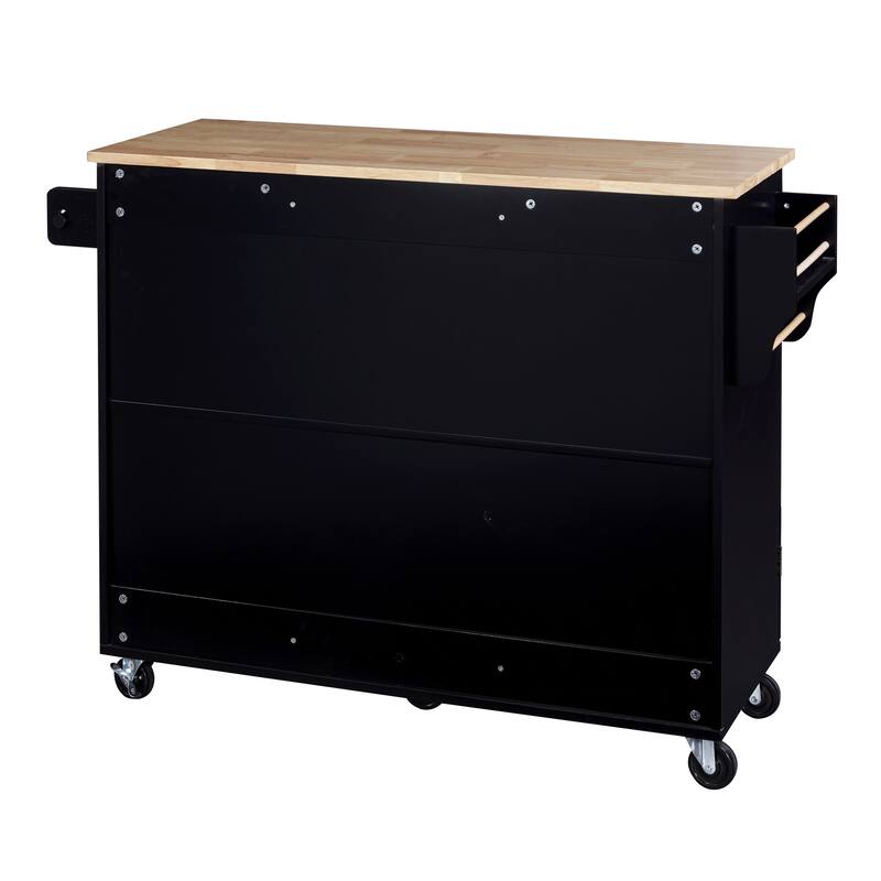 50'' Rubber Wood Kitchen Island with 3 Drawer, Rolling Wheels, 2 Slide-Out Shelf and Internal Storage Rack