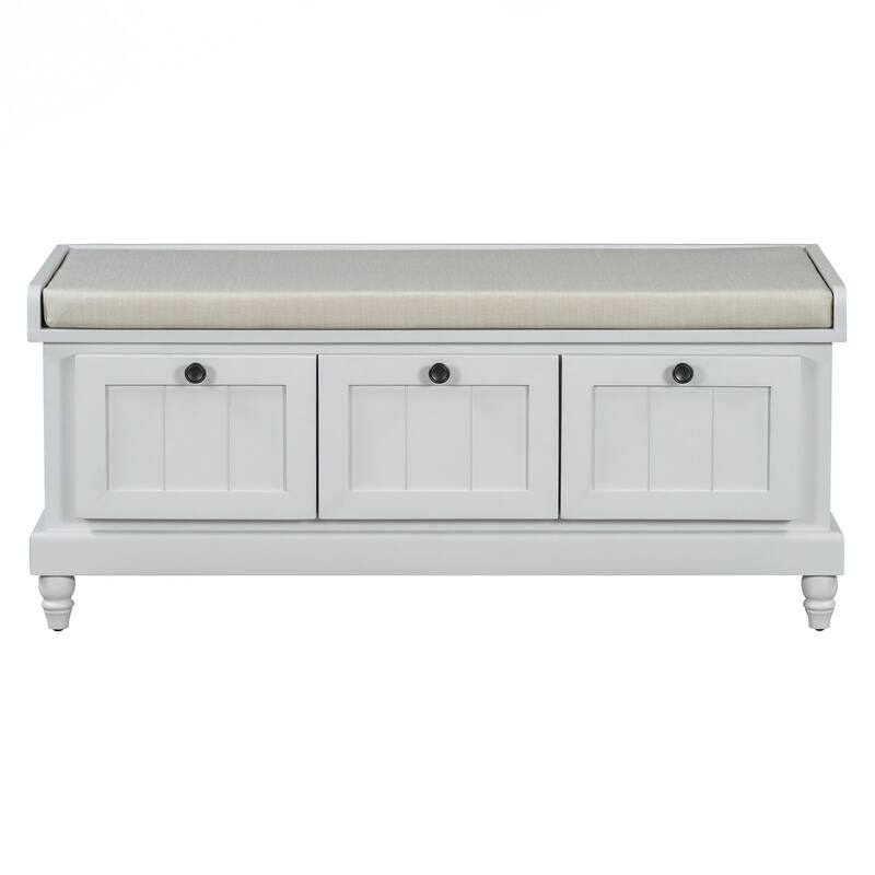 Classic Shoe Bench with Cushion and Three Drawers, Fluted Entryway Bench with Storage for Living Room, Entryway, and Hallways
