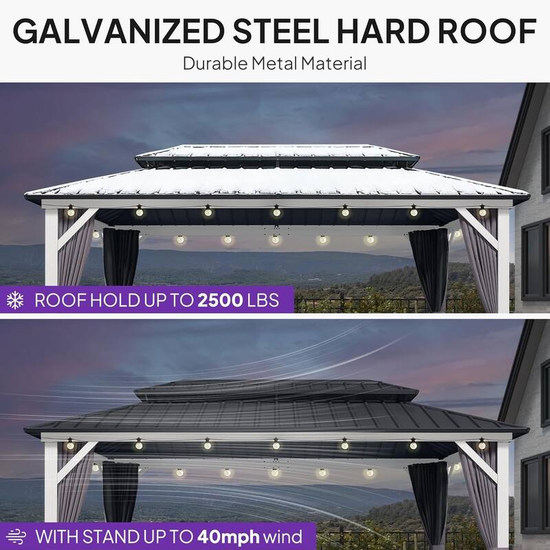 PURPLE LEAF Patio Hardtop Gazebo for Outdoor Grey Galvanized Steel Double Roof White Aluminum Poles