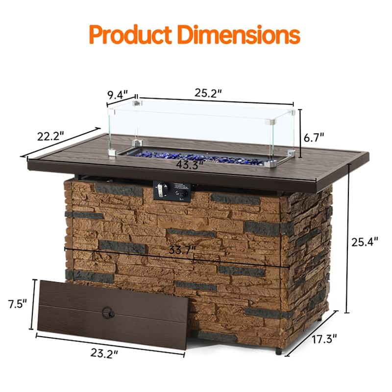 43" Propane Fire Pit Table, 50,000 BTU Faux Stone Fire Pit for Gatherings, CSA Certified Fire Table