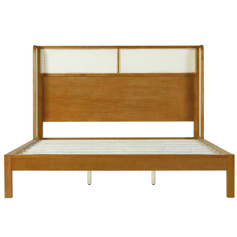 King Size Platform Bed Frame with Headboard, Mid Century Modern Design, Natural Finish