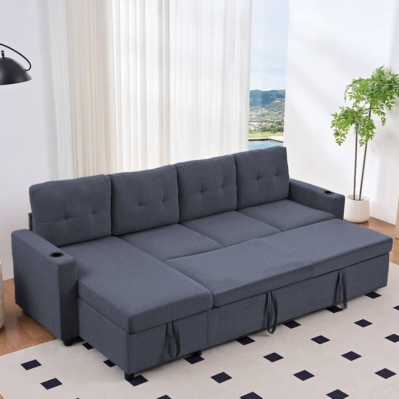 Mixoy 101"Linen 4-Seater Modular Sofa with Storage Chaise,Sleeper Sofa with Pull-out Bed