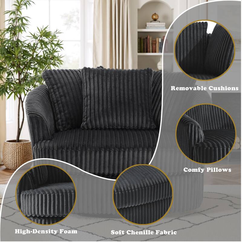Oversized 43" W Plush Corduroy Swivel Barrel Chair with Pillows