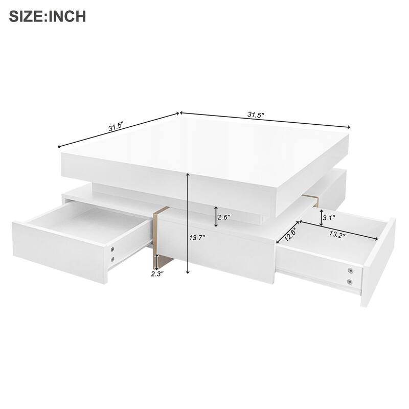 Modern High Gloss Square Coffee Table with 4 Drawers and Storage - 31.5" W × 31.5" D × 13.7" H