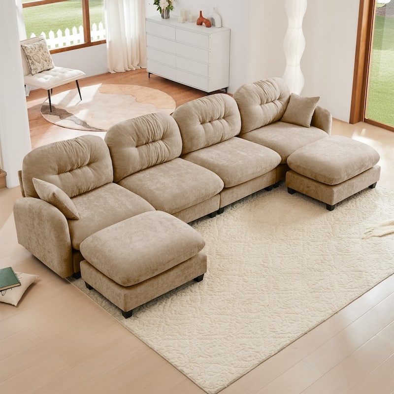 140" Premium Modular Chenille Sectional U-shaped Sofa with Movable Ottomans - Camel
