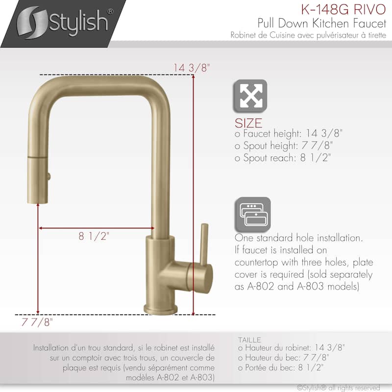 STYLISH Brushed Gold Single Handle Pull Down Kitchen Faucet with Cold Water Tap