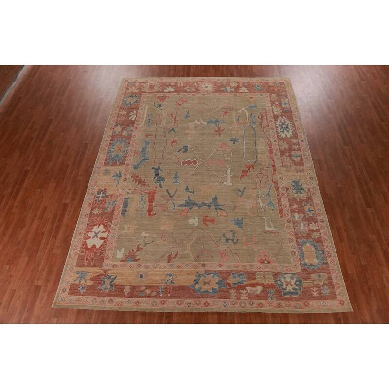 Hand Knotted Oriental 100% Wool Carpet Transitional All-Over Beige & Ivories Oushak Area Rug - 12' 2'' X 9' 4''