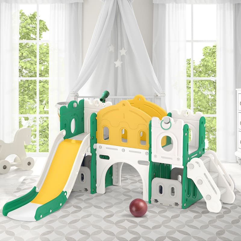 8 in 1 Green+Yellow Toddler Slide, Kids Slide for Toddlers Age 1-3, Outdoor Indoor Slide Playset Toddler Playground