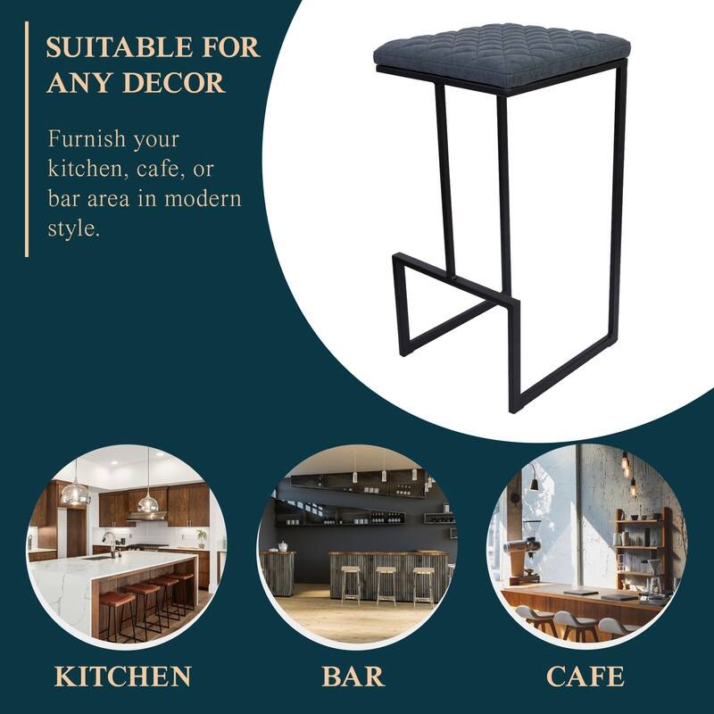 Quincy Leather Quilted Counter Height Barstool (Set of 2) with Upholstered Square Seats & Footrest for Home Bar & Kitchen