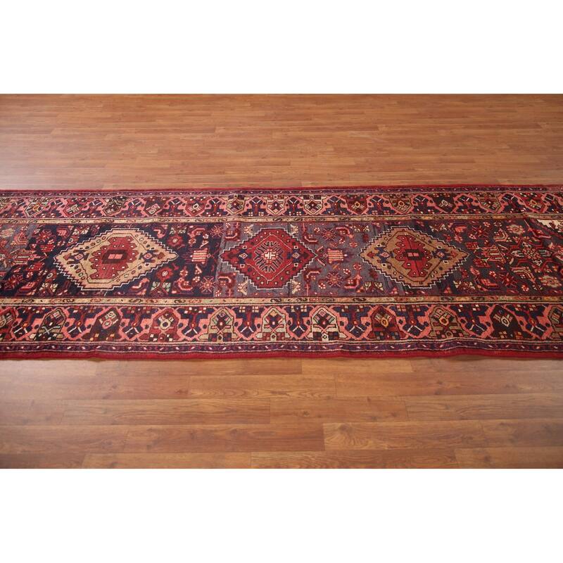 Hand Knotted Oriental 100% Wool Carpet Traditional Tribal Navy Blue & Blues Hamedan Runner Rug - 10' 9'' X 3' 6''