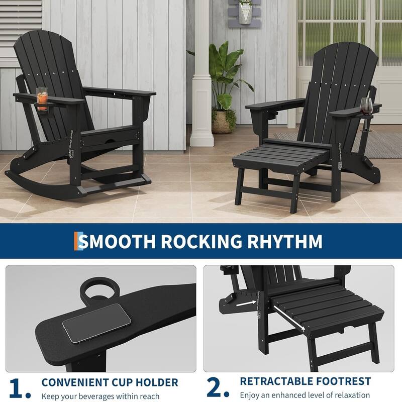 Adirondack Rocking Chair with Ottoman Folding HDPE Outdoor Chair All-Weather