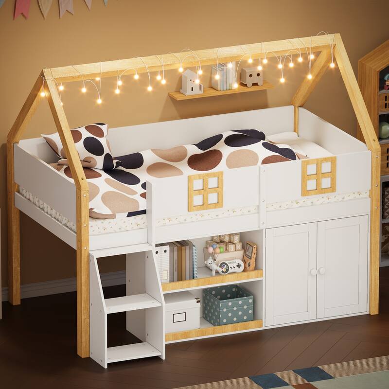 GDFStudio - GlowStep Wooden Low Loft Bed with Staircase, Storage and LED Lights