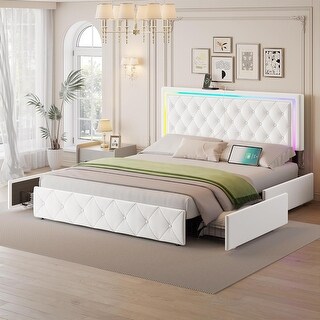 Modern Velvet Upholstered Full Bed Frame with LED Lights, Charging ...