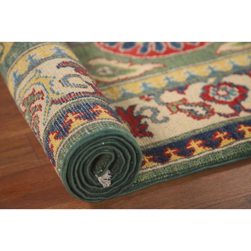 Green Floral Kazak Runner Rug Hand-Knotted Wool Carpet - 2'8" x 9'7"