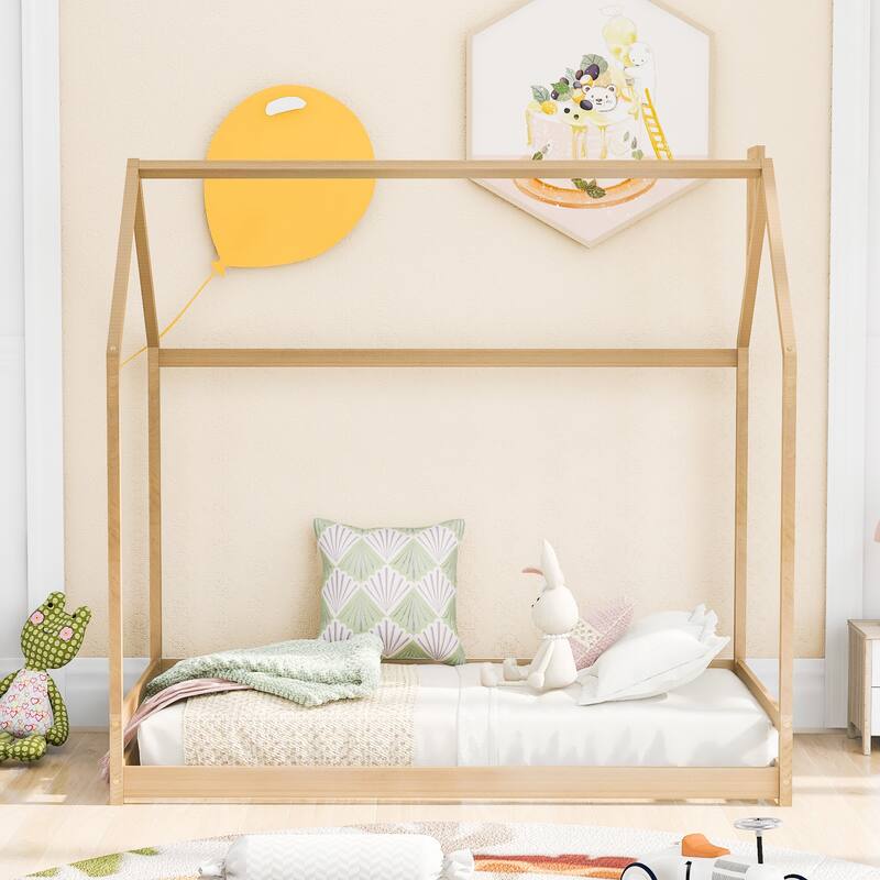 Kids Twin House Bed with Roof, Semi-Enclosed Play Area, and Sturdy Pine Frame